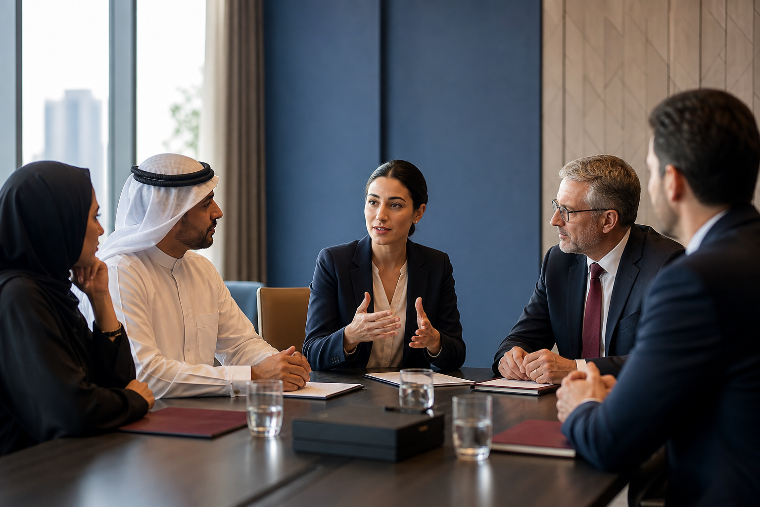Dolmetscher begleitet ein arabisch-deutsches Geschäftsgespräch