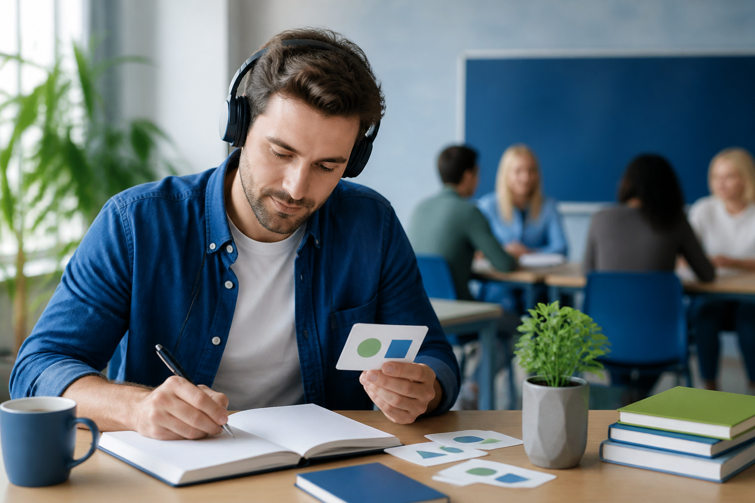 Deutschlernender an einem hellen, konzentrierten Arbeitsplatz